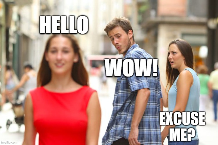 boyfrend sees new woman | HELLO; WOW! EXCUSE ME? | image tagged in memes,distracted boyfriend | made w/ Imgflip meme maker