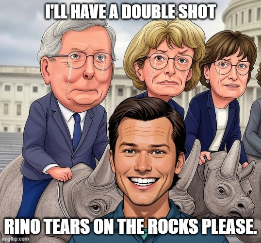 Hegseth sips Rino tears | I'LL HAVE A DOUBLE SHOT; RINO TEARS ON THE ROCKS PLEASE. | image tagged in hegseth,mcconnell,murkowski,collins,rino | made w/ Imgflip meme maker