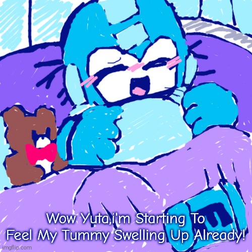 MegaMan OVA Episode 4 : The Ribbon Shooter Screenshot (Ai Generated image Redraw) | Wow Yuta,i'm Starting To Feel My Tummy Swelling Up Already! | image tagged in megaman upon a star,fake screenshot,tummy inflation,big belly,megaman | made w/ Imgflip meme maker