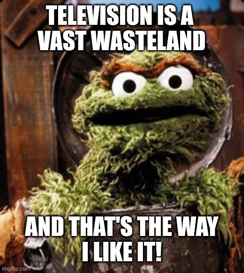 Oscar on television | TELEVISION IS A 
VAST WASTELAND; AND THAT'S THE WAY
I LIKE IT! | image tagged in oscar the grouch,television,vast wasteland,sesame street,muppet,insult interpreted as compliment | made w/ Imgflip meme maker