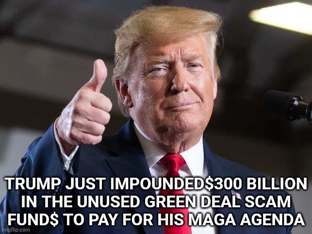 The Green Deal Scam | TRUMP JUST IMPOUNDED$300 BILLION
IN THE UNUSED GREEN DEAL SCAM
FUND$ TO PAY FOR HIS MAGA AGENDA | image tagged in trump thumb up | made w/ Imgflip meme maker