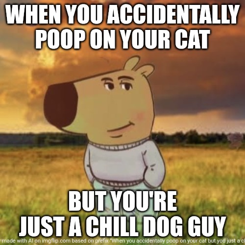 Chill chill | WHEN YOU ACCIDENTALLY POOP ON YOUR CAT; BUT YOU'RE JUST A CHILL DOG GUY | image tagged in chill guy | made w/ Imgflip meme maker