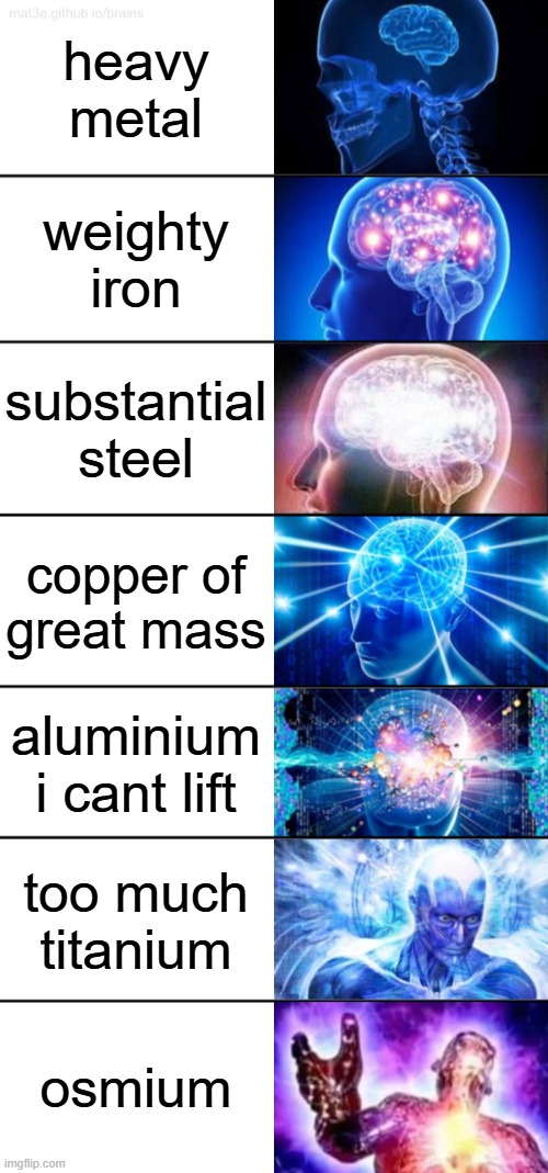 What's your favourite music genre? | heavy metal; weighty iron; substantial steel; copper of great mass; aluminium i cant lift; too much titanium; osmium | image tagged in 7-tier expanding brain | made w/ Imgflip meme maker