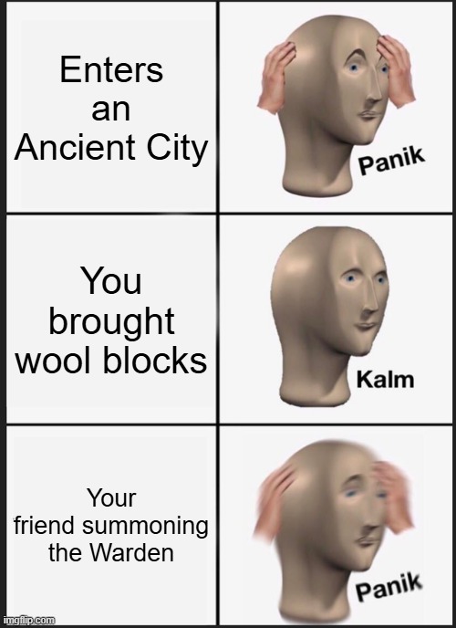 Ancient City Minecraft | Enters an Ancient City; You brought wool blocks; Your friend summoning the Warden | image tagged in memes,panik kalm panik | made w/ Imgflip meme maker