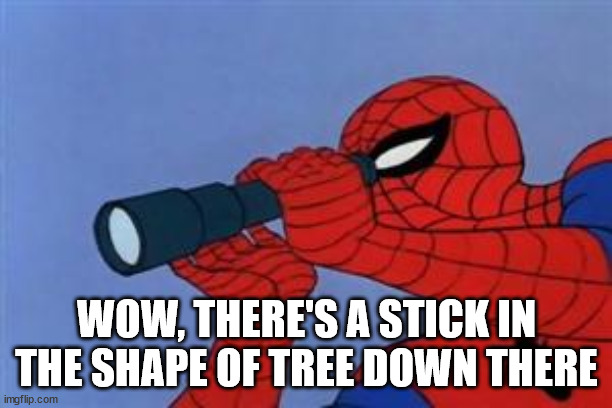 Spiderman binoculars | WOW, THERE'S A STICK IN THE SHAPE OF TREE DOWN THERE | image tagged in spiderman binoculars | made w/ Imgflip meme maker