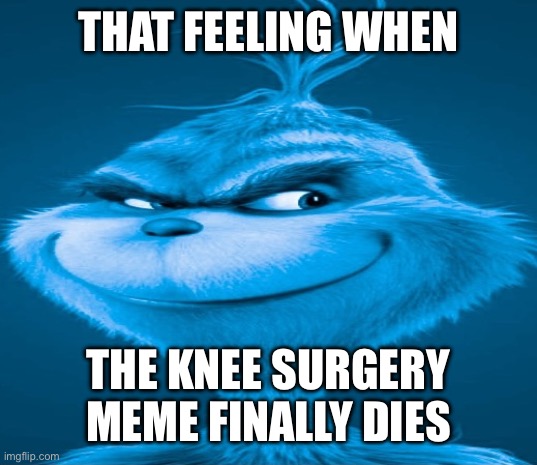 Blue Grinch | THAT FEELING WHEN; THE KNEE SURGERY MEME FINALLY DIES | image tagged in blue grinch,knee surgery | made w/ Imgflip meme maker