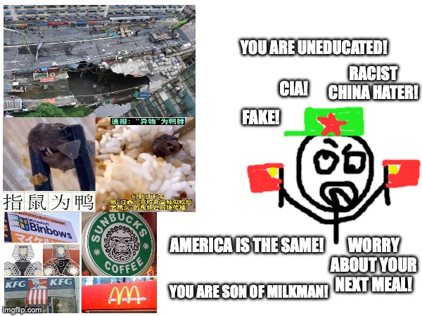 Wumao rage on Youtube | YOU ARE UNEDUCATED! RACIST CHINA HATER! CIA! FAKE! WORRY ABOUT YOUR NEXT MEAL! AMERICA IS THE SAME! YOU ARE SON OF MILKMAN! | image tagged in china,chinese,troll,rage | made w/ Imgflip meme maker