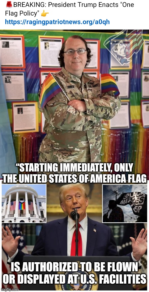 PRESIDENT TRUMP BRINGING SANITY BACK | “STARTING IMMEDIATELY, ONLY THE UNITED STATES OF AMERICA FLAG; IS AUTHORIZED TO BE FLOWN OR DISPLAYED AT U.S. FACILITIES | image tagged in president trump,lgbt,blm,flags,american flag,politics | made w/ Imgflip meme maker