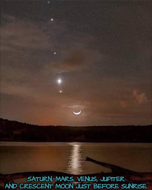 Planetary Alignment Visible Without Telescope | SATURN, MARS, VENUS, JUPITER AND CRESCENT MOON JUST BEFORE SUNRISE. | image tagged in planets | made w/ Imgflip meme maker