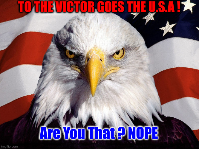 Sing The Song, Or Not, I'll Sing It For You ! | TO THE VICTOR GOES THE U.S.A ! Are You That ? NOPE | image tagged in freedom eagle,political meme,politics,funny memes,funny | made w/ Imgflip meme maker