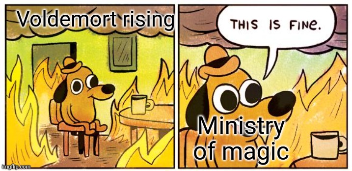 A harry potter meme | Voldemort rising; Ministry of magic | image tagged in memes,this is fine,harry potter | made w/ Imgflip meme maker