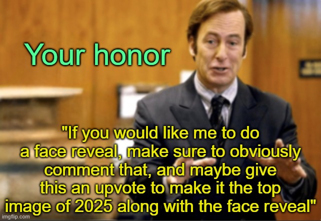 . | Your honor; "If you would like me to do a face reveal, make sure to obviously comment that, and maybe give this an upvote to make it the top image of 2025 along with the face reveal" | image tagged in saul goodman defending | made w/ Imgflip meme maker