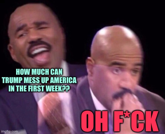 Steve Harvey Laughing Serious | HOW MUCH CAN TRUMP MESS UP AMERICA IN THE FIRST WEEK?? OH F*CK | image tagged in steve harvey laughing serious | made w/ Imgflip meme maker