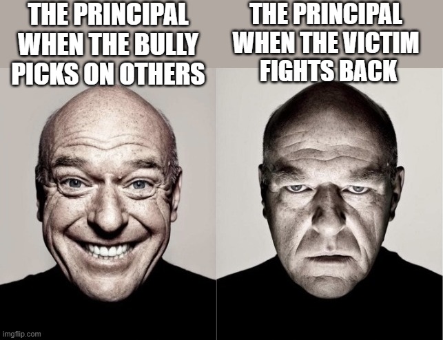 School Principals Be Like | THE PRINCIPAL WHEN THE BULLY PICKS ON OTHERS; THE PRINCIPAL 
WHEN THE VICTIM 
FIGHTS BACK | image tagged in hank angry-happy,school,principal,school meme,and that's a fact,facts | made w/ Imgflip meme maker