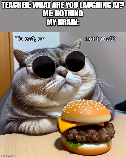 TEACHER: WHAT ARE YOU LAUGHING AT?
ME: NOTHING
MY BRAIN: | image tagged in meme | made w/ Imgflip meme maker