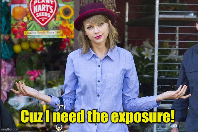 Taylor Swift Shrug | Cuz I need the exposure! | image tagged in taylor swift shrug | made w/ Imgflip meme maker