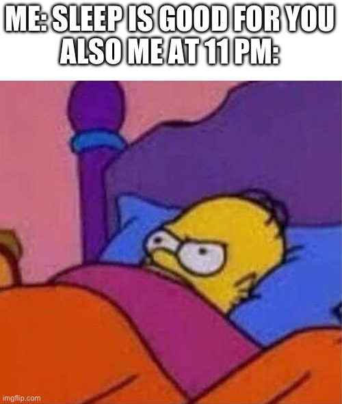 angry homer simpson in bed | ME: SLEEP IS GOOD FOR YOU
ALSO ME AT 11 PM: | image tagged in angry homer simpson in bed | made w/ Imgflip meme maker