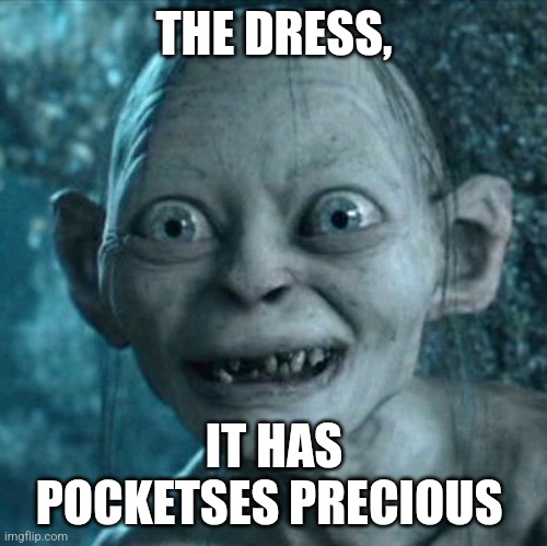 When the dredd have pockets | THE DRESS, IT HAS POCKETSES PRECIOUS | image tagged in memes,gollum,fashion | made w/ Imgflip meme maker