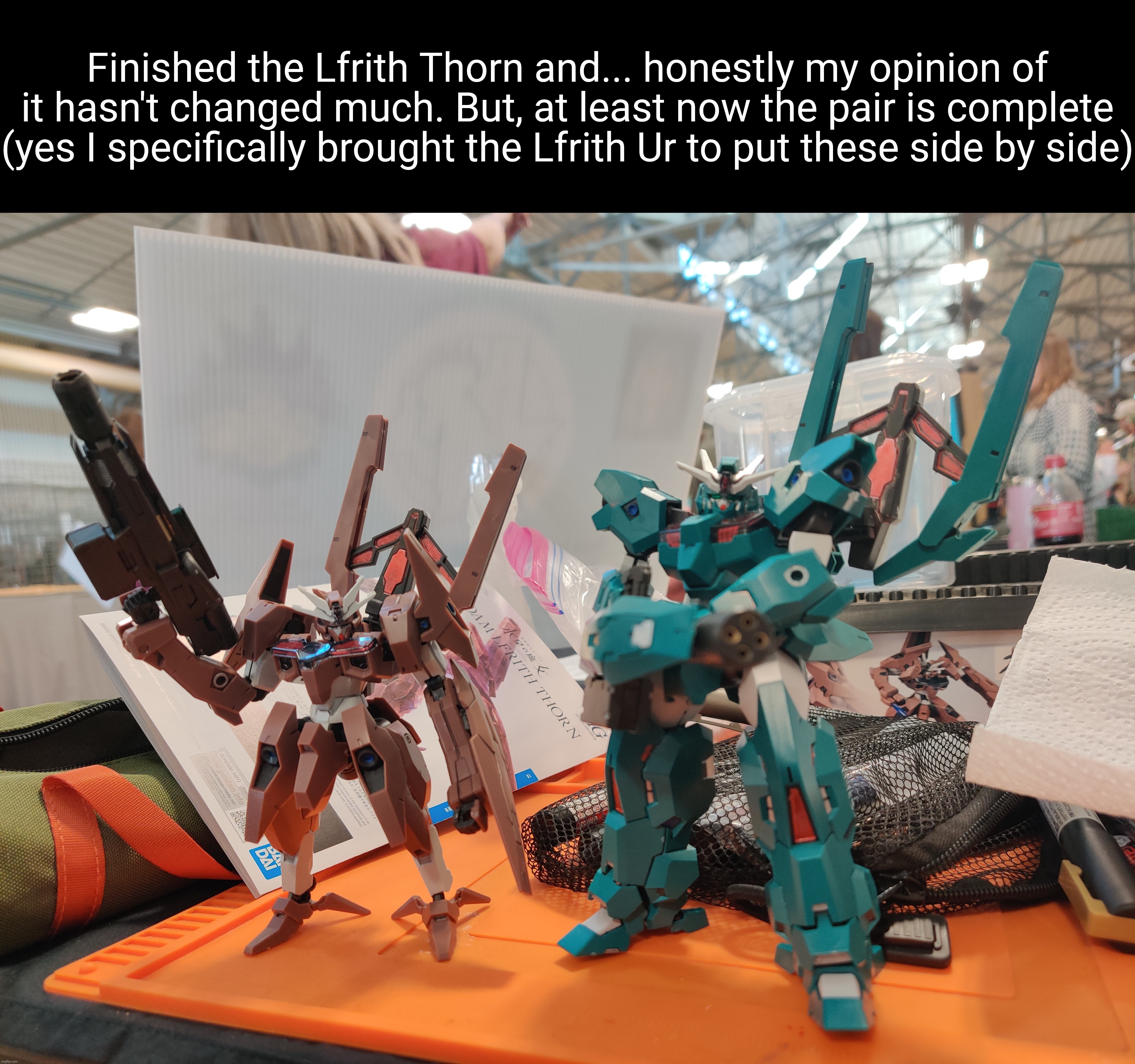 Lfrith Thorn is on the left, Lfrith Ur is on the right. Now I get to build the Demi Barding | Finished the Lfrith Thorn and... honestly my opinion of it hasn't changed much. But, at least now the pair is complete (yes I specifically brought the Lfrith Ur to put these side by side) | made w/ Imgflip meme maker