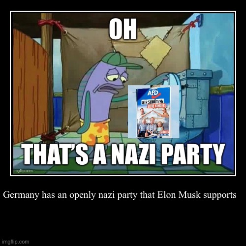 Germany has an openly nazi party that Elon Musk supports | | image tagged in funny,demotivationals | made w/ Imgflip demotivational maker