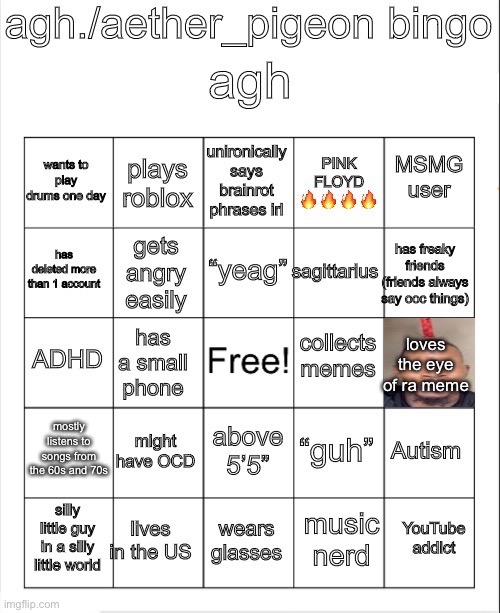 made a bingo (again) | image tagged in agh /camera_aetherpidgeon5 bingo | made w/ Imgflip meme maker