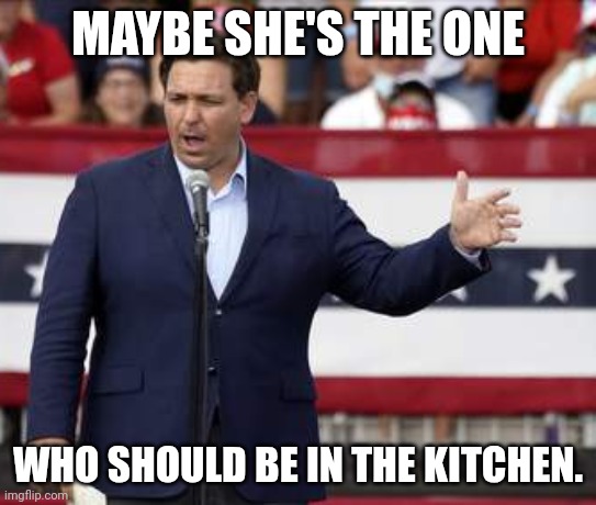 Governor Ron DeSantis - Nazi Misogynist | MAYBE SHE'S THE ONE WHO SHOULD BE IN THE KITCHEN. | image tagged in governor ron desantis - nazi misogynist | made w/ Imgflip meme maker