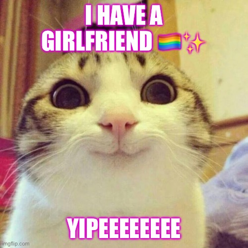 Yipeeeeeee | I HAVE A GIRLFRIEND 🏳️‍🌈✨; YIPEEEEEEEE | image tagged in memes,smiling cat | made w/ Imgflip meme maker