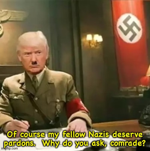 " They may be tards, but they're MY tards, dammit!" | Of course my fellow Nazis deserve pardons.  Why do you ask, comrade? | image tagged in donald trump hitler | made w/ Imgflip meme maker