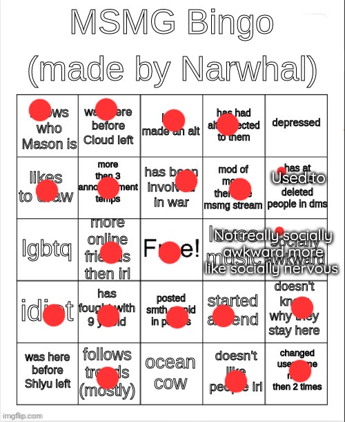 msmg bingo | Used to; Not really socially awkward more like socially nervous | image tagged in msmg bingo | made w/ Imgflip meme maker