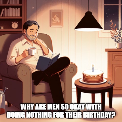 Why are men so okay with doing nothing for their birthday? | WHY ARE MEN SO OKAY WITH DOING NOTHING FOR THEIR BIRTHDAY? | image tagged in why are men always okay with doing nothing for their birthday | made w/ Imgflip meme maker