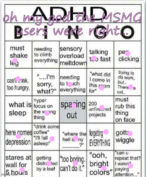 yall were right somehow lmao | oh my god the MSMG users were right... | image tagged in adhd bingo | made w/ Imgflip meme maker