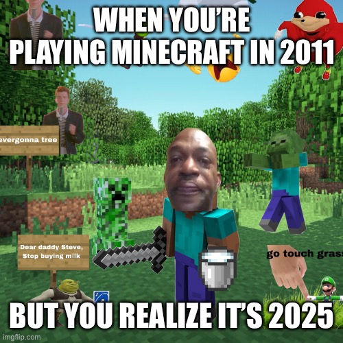2011? | WHEN YOU’RE PLAYING MINECRAFT IN 2011; BUT YOU REALIZE IT’S 2025 | image tagged in 2011 | made w/ Imgflip meme maker