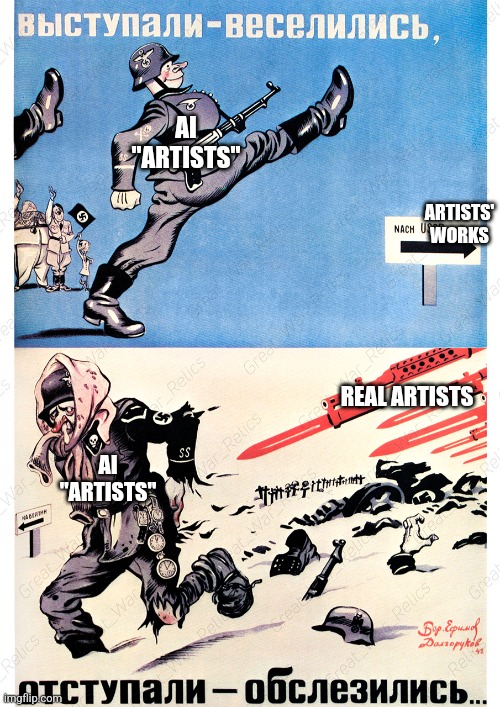 ARTISTS' WORKS; AI "ARTISTS"; REAL ARTISTS; AI "ARTISTS" | made w/ Imgflip meme maker