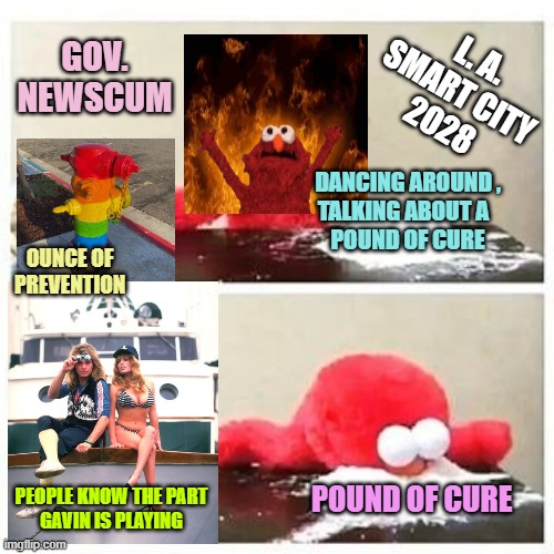 OUNCE OF
PREVENTION DANCING AROUND ,
TALKING ABOUT A  
POUND OF CURE GOV.
NEWSCUM PEOPLE KNOW THE PART
GAVIN IS PLAYING POUND OF CURE L. A.  | image tagged in elmo cocaine | made w/ Imgflip meme maker