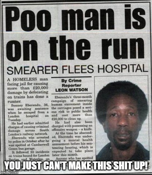 Poo Man | YOU JUST CAN'T MAKE THIS SHIT UP! | image tagged in headlines | made w/ Imgflip meme maker