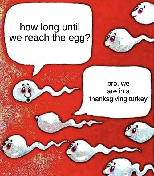 Thanksgiving | how long until we reach the egg? bro, we are in a thanksgiving turkey | image tagged in sperm talk,thanksgiving,turkey,oh no | made w/ Imgflip meme maker