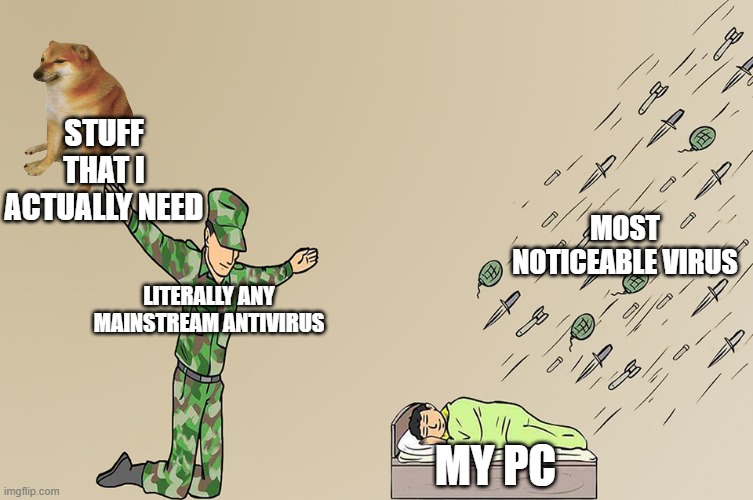 I was just trying to install a game :( | STUFF THAT I ACTUALLY NEED; MOST NOTICEABLE VIRUS; LITERALLY ANY MAINSTREAM ANTIVIRUS; MY PC | image tagged in soldier not protecting child | made w/ Imgflip meme maker