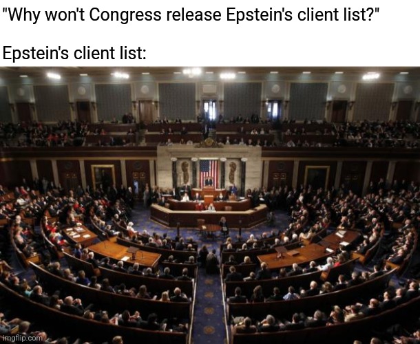 "Why won't Congress release Epstein's client list?"
 
Epstein's client list: | image tagged in blank white template,congress | made w/ Imgflip meme maker