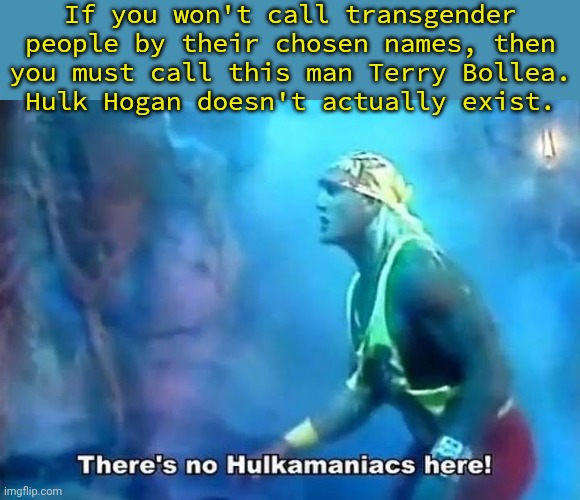 His "birth name." | If you won't call transgender people by their chosen names, then you must call this man Terry Bollea.
Hulk Hogan doesn't actually exist. | image tagged in hulk hogan there's no hulkamaniacs here,transphobic,maga,intolerance | made w/ Imgflip meme maker