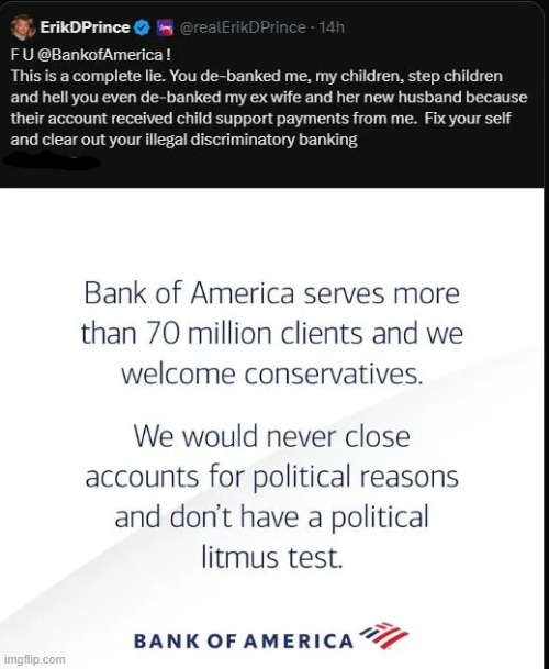 Catturd's account was cancelled & BOA rudely said they didn't have to have a reason. | image tagged in bank of america,cancel culture,no reason given,partisan policy,control | made w/ Imgflip meme maker