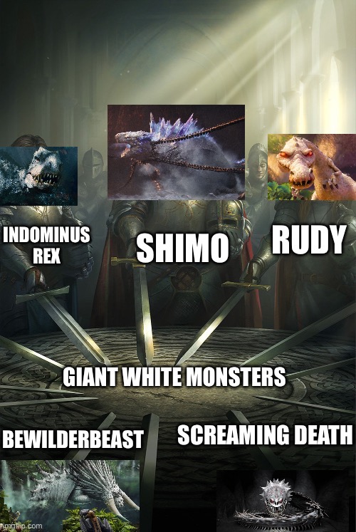 Giant White monsters my favorite | image tagged in swords united,jurassic world,jurassic park,godzilla,ice age,how to train your dragon | made w/ Imgflip meme maker