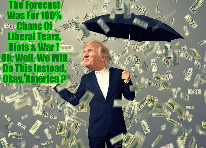 We're In The Money ! | The Forecast Was For 100% Chanc Of Liberal Tears, Riots & War ! 
Oh, Well, We Will Do This Instead, Okay, America ? | image tagged in rich main raining money,political meme,politics,funny memes,funny | made w/ Imgflip meme maker