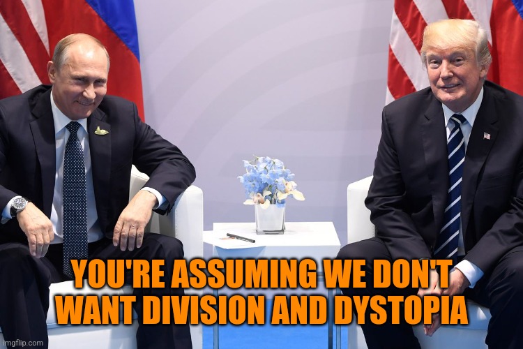 Trump Putin | YOU'RE ASSUMING WE DON'T WANT DIVISION AND DYSTOPIA | image tagged in trump putin | made w/ Imgflip meme maker