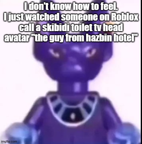 beerus | I don't know how to feel. I just watched someone on Roblox call a skibidi toilet tv head avatar "the guy from hazbin hotel" | image tagged in beerus | made w/ Imgflip meme maker