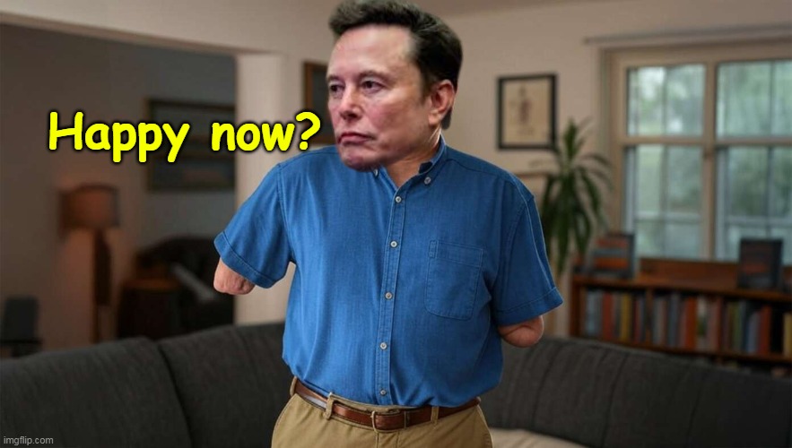 Doubt that would even work | Happy now? | image tagged in musk no arms salute meme | made w/ Imgflip meme maker