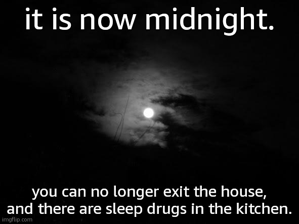 Midnight | it is now midnight. you can no longer exit the house, and there are sleep drugs in the kitchen. | image tagged in midnight | made w/ Imgflip meme maker