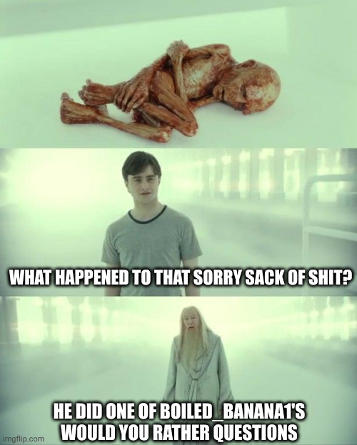 Dead Baby Voldemort / What Happened To Him | WHAT HAPPENED TO THAT SORRY SACK OF SHIT? HE DID ONE OF BOILED_BANANA1'S WOULD YOU RATHER QUESTIONS | image tagged in dead baby voldemort / what happened to him | made w/ Imgflip meme maker