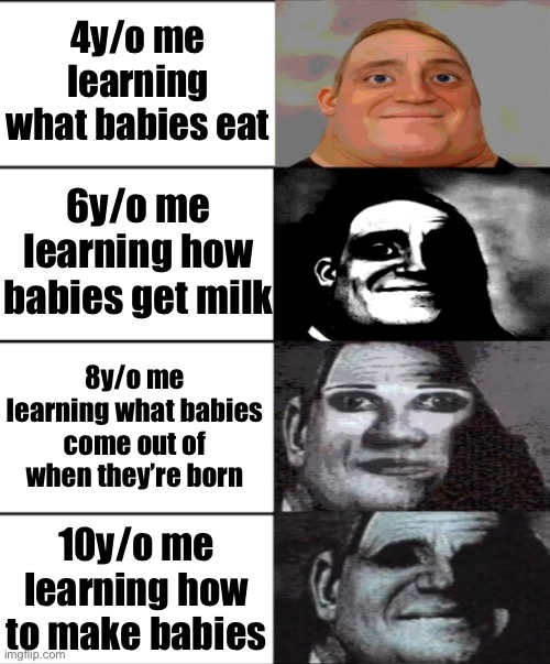 12y/o me learning that people make babies for fun | 4y/o me learning what babies eat; 6y/o me learning how babies get milk; 8y/o me learning what babies come out of when they’re born; 10y/o me learning how to make babies | image tagged in memes,funny,funny memes,relatable,relatable memes,mr incredible becoming uncanny | made w/ Imgflip meme maker