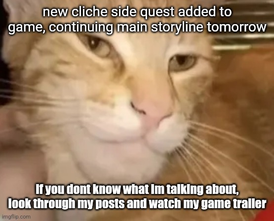 cat mewing | new cliche side quest added to game, continuing main storyline tomorrow; if you dont know what im talking about, look through my posts and watch my game trailer | image tagged in cat mewing | made w/ Imgflip meme maker