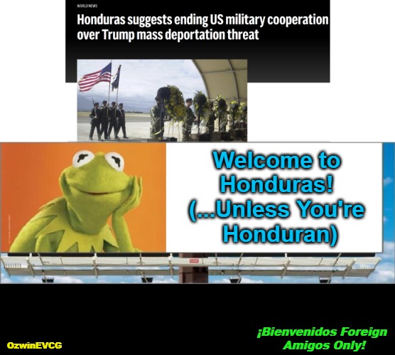 [Welcome to International Homies and Homettes Exclusively] ¡Bienvenidos Foreign Amigos Only! | Welcome to 

Honduras! 

(...Unless You're 

Honduran); OzwinEVCG; ¡Bienvenidos Foreign 

Amigos Only! | image tagged in kermit blank billboard,honduras,hondurans,deportation,donald trump,say what | made w/ Imgflip meme maker